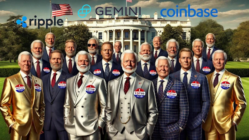 Cameron in Tyler Winklevoss s politično osebnostjo, ki stojita pred ameriško zastavo.